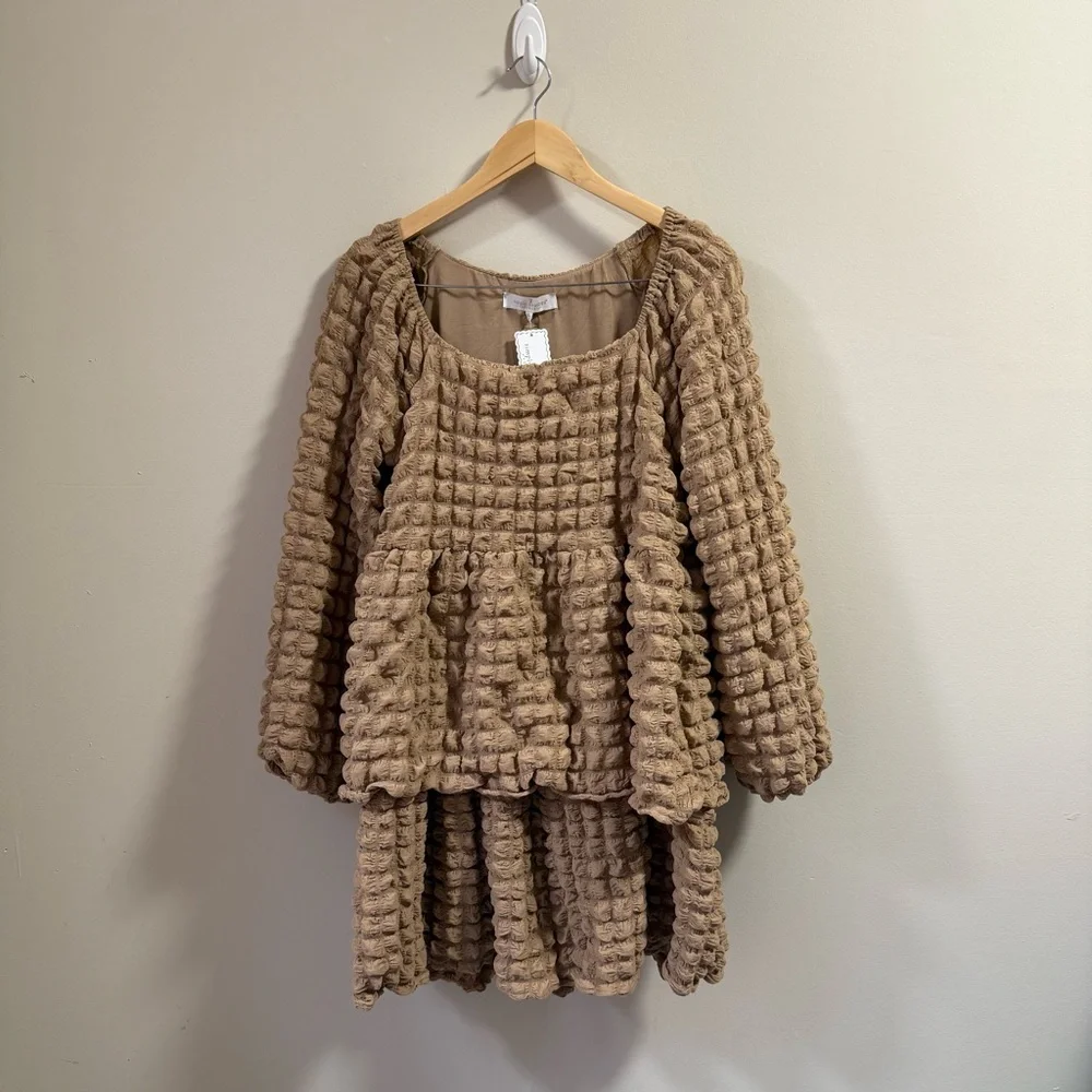 NWT Simply Southern Medium Tan Bubble Babydoll Dress Ruffle Long Sleeve Texture